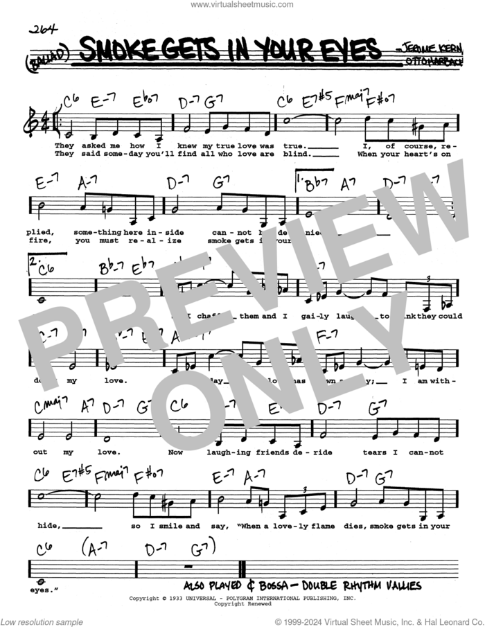 Smoke Gets In Your Eyes (Low Voice) sheet music for voice and other instruments (real book with lyrics) by The Platters, Jerome Kern and Otto Harbach, intermediate skill level