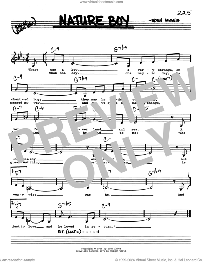 Nature Boy (Low Voice) sheet music for voice and other instruments (real book with lyrics) by Nat King Cole and Eden Ahbez, intermediate skill level
