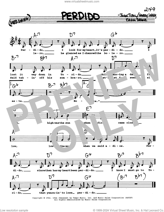 Perdido (Low Voice) sheet music for voice and other instruments (real book with lyrics) by Duke Ellington, Ervin Drake, Harry Lenk and Juan Tizol, intermediate skill level