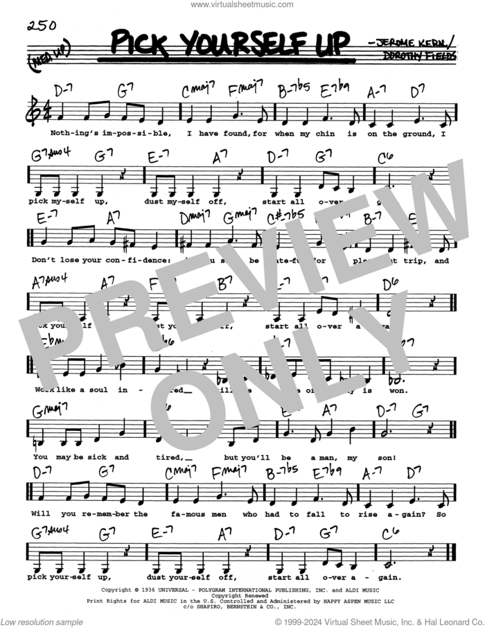 Pick Yourself Up (Low Voice) sheet music for voice and other instruments (real book with lyrics) by Jerome Kern and Dorothy Fields, intermediate skill level
