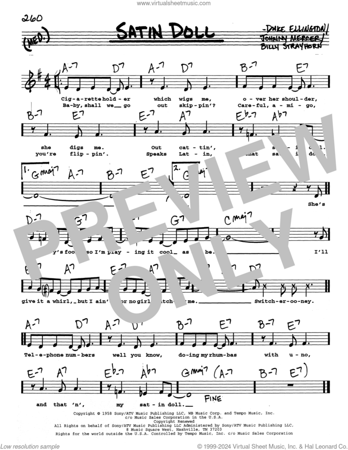 Satin Doll (Low Voice) sheet music for voice and other instruments (real book with lyrics) by Duke Ellington, Billy Strayhorn and Johnny Mercer, intermediate skill level
