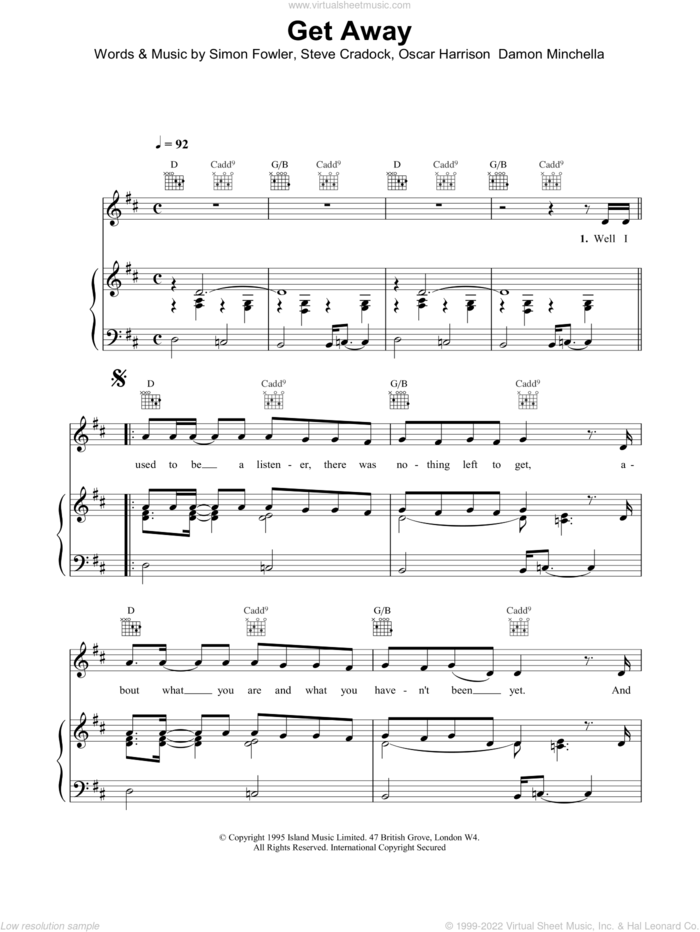 Get Away sheet music for voice, piano or guitar by Ocean Colour Scene, CRADOCK, FOWLER and Miscellaneous, intermediate skill level
