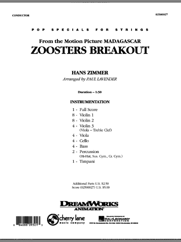 Zoosters Breakout (from Madagascar) (COMPLETE) sheet music for orchestra by Hans Zimmer and Paul Lavender, intermediate skill level