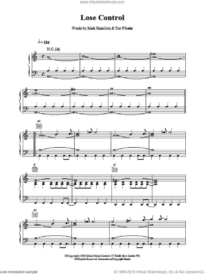Lose Control sheet music for voice, piano or guitar by Tim Wheeler and Mark Hamilton, intermediate skill level