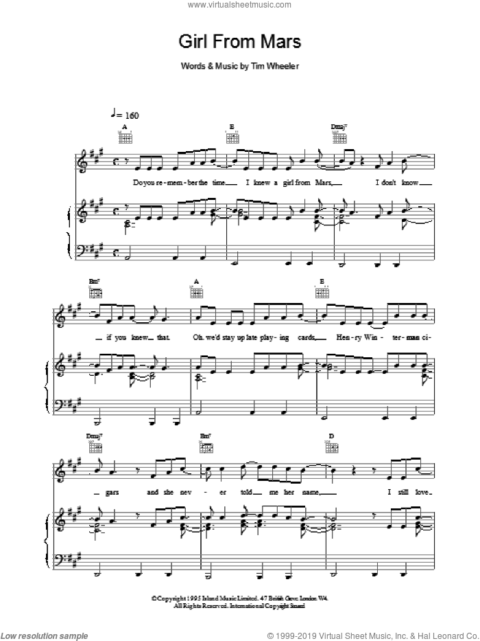 Girl From Mars sheet music for voice, piano or guitar by TIM WHEELER, intermediate skill level