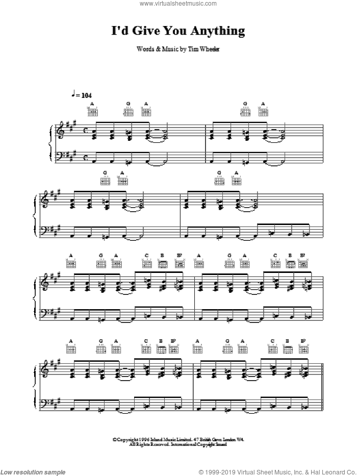 I'd Give You Anything sheet music for voice, piano or guitar by TIM WHEELER, intermediate skill level