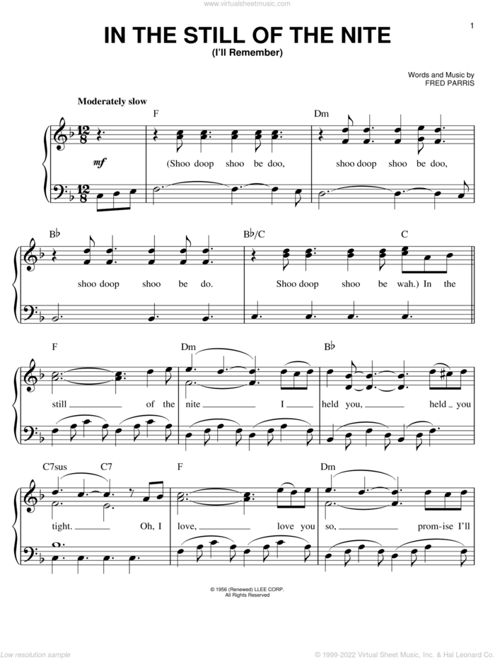 In The Still Of The Nite (I'll Remember) sheet music for piano solo by Boyz II Men, The Five Satins and Fred Parris, easy skill level