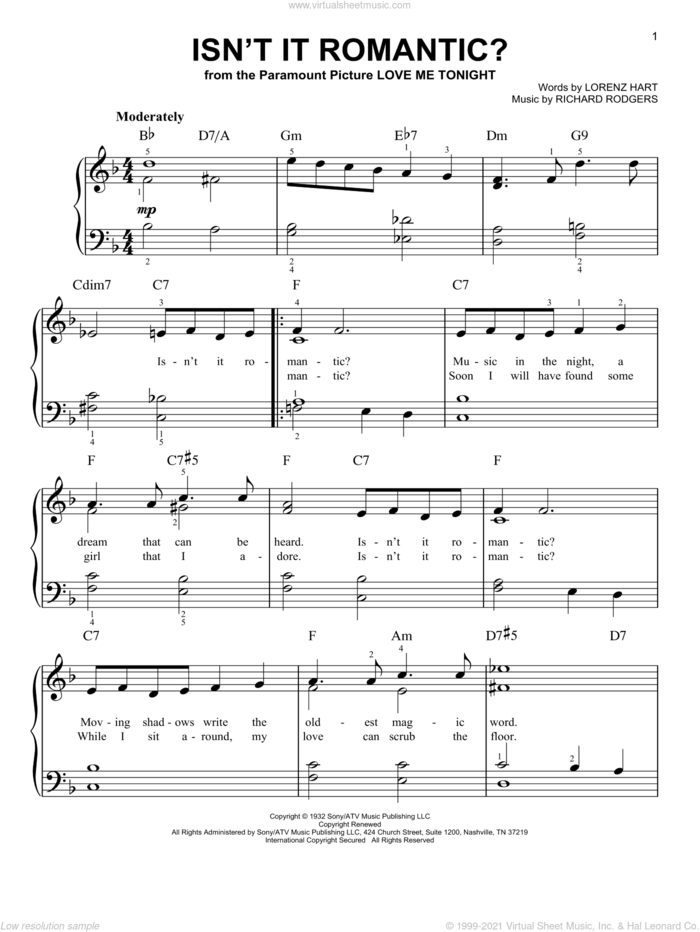 Isn't It Romantic? sheet music for piano solo by Rodgers & Hart, Lorenz Hart and Richard Rodgers, easy skill level
