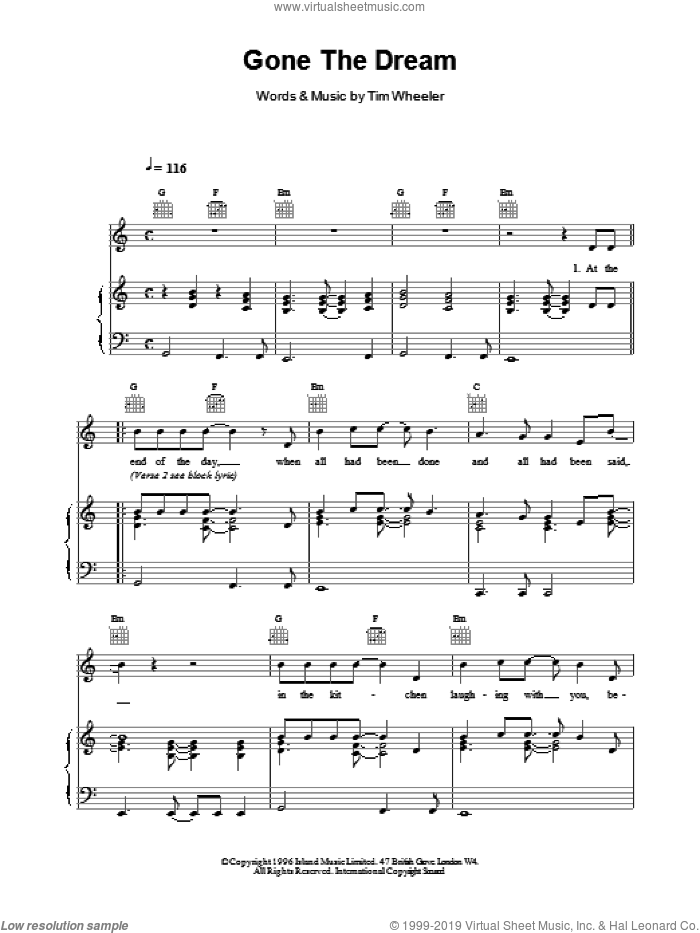 Gone The Dream sheet music for voice, piano or guitar by TIM WHEELER, intermediate skill level