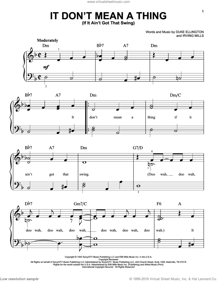 It Don't Mean A Thing (If It Ain't Got That Swing) sheet music for piano solo by Duke Ellington and Irving Mills, easy skill level
