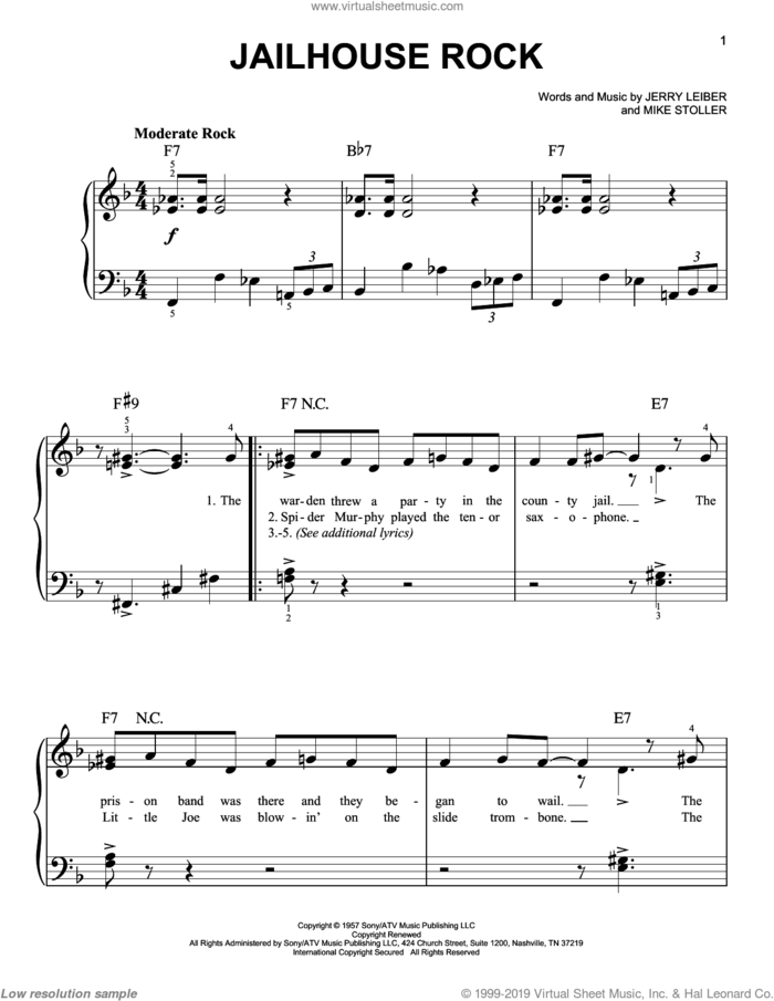 Jailhouse Rock, (easy) sheet music for piano solo by Elvis Presley, Leiber & Stoller, Jerry Leiber and Mike Stoller, easy skill level