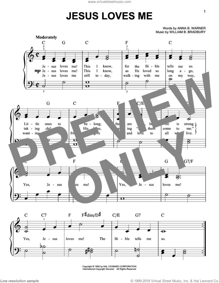 Jesus Loves Me sheet music for piano solo by Anna B. Warner and William B. Bradbury, easy skill level