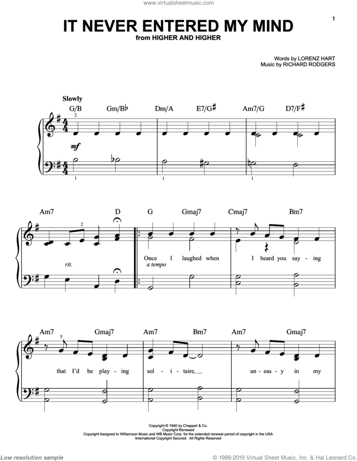 It Never Entered My Mind sheet music for piano solo by Rodgers & Hart, Lorenz Hart and Richard Rodgers, easy skill level