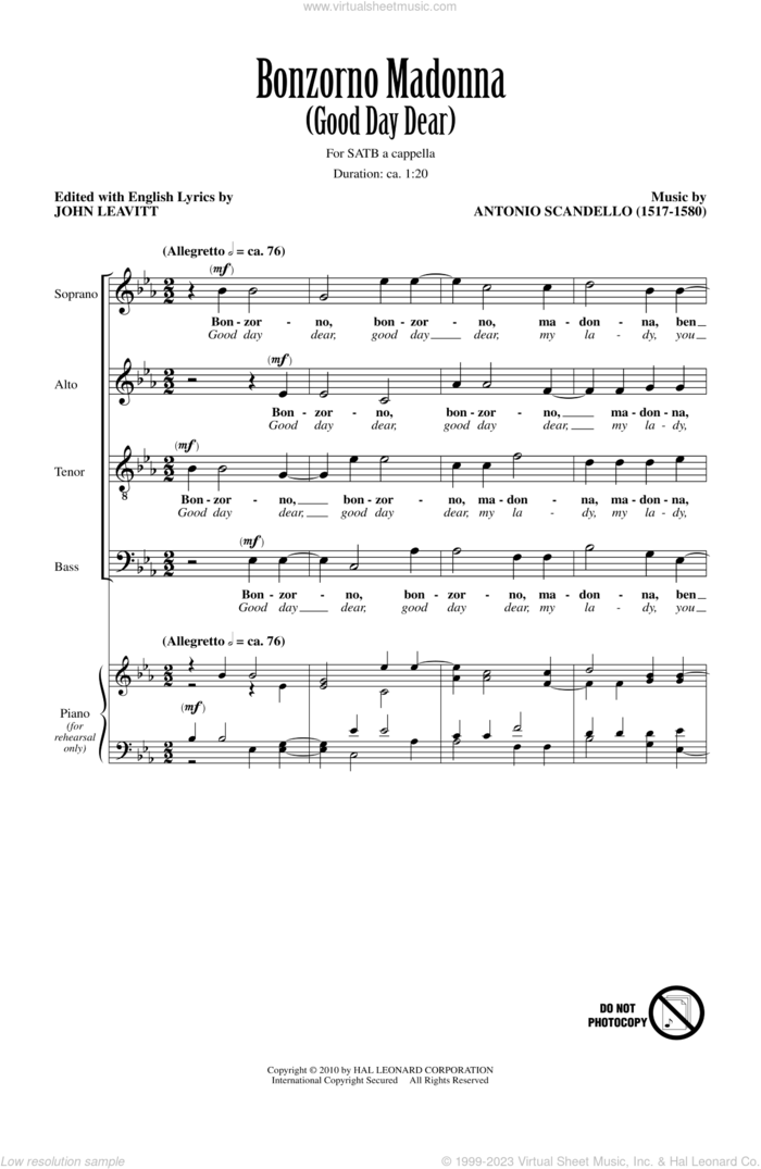 Bonzorno Madonna (Good Day Dear) sheet music for choir (SATB: soprano, alto, tenor, bass) by Antonio Scandello and John Leavitt, intermediate skill level