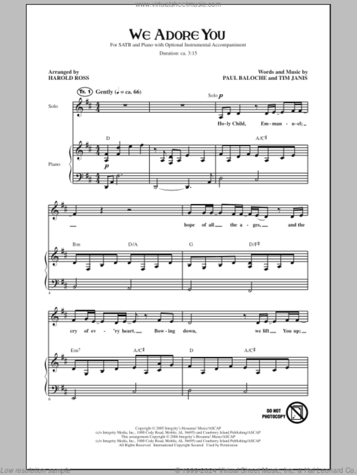 We Adore You sheet music for choir (SATB: soprano, alto, tenor, bass) by Paul Baloche, Tim Janis and Harold Ross, intermediate skill level