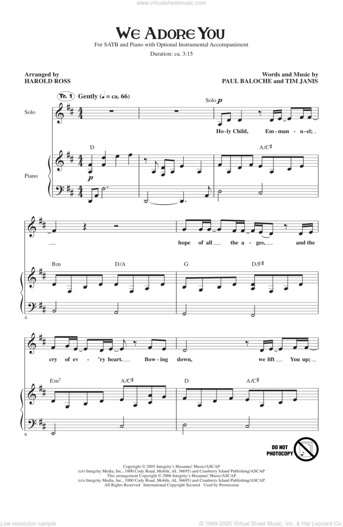 We Adore You sheet music for choir (SATB: soprano, alto, tenor, bass) by Paul Baloche, Tim Janis and Harold Ross, intermediate skill level
