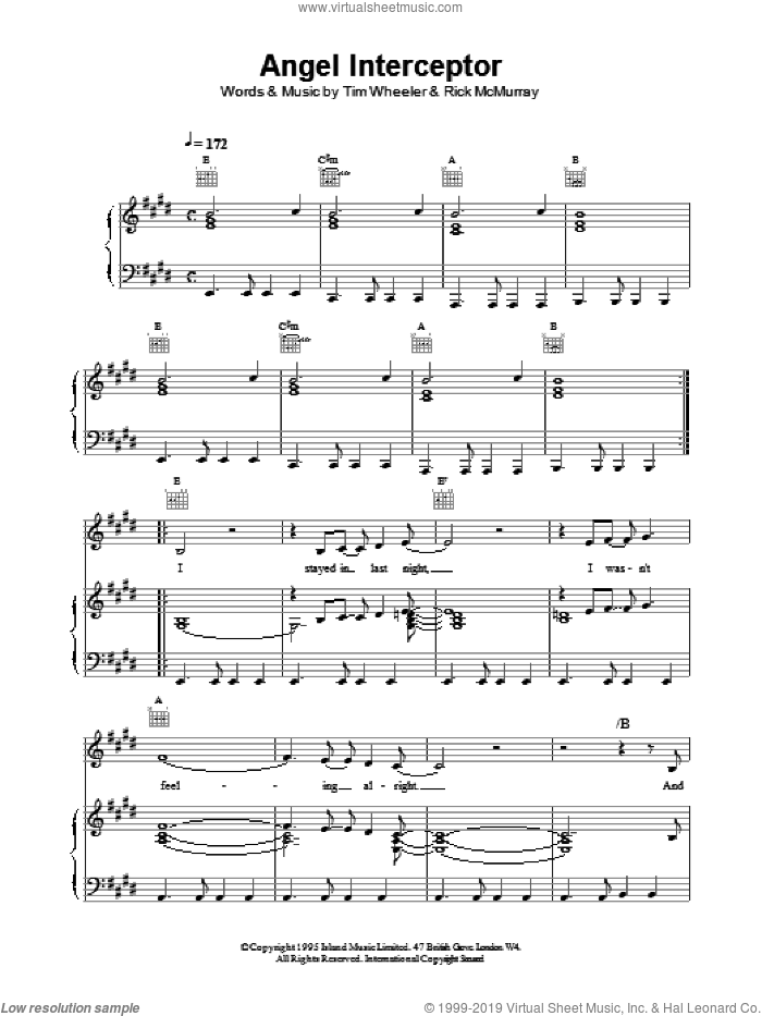 Angel Interceptor sheet music for voice, piano or guitar by Tim Wheeler, intermediate skill level