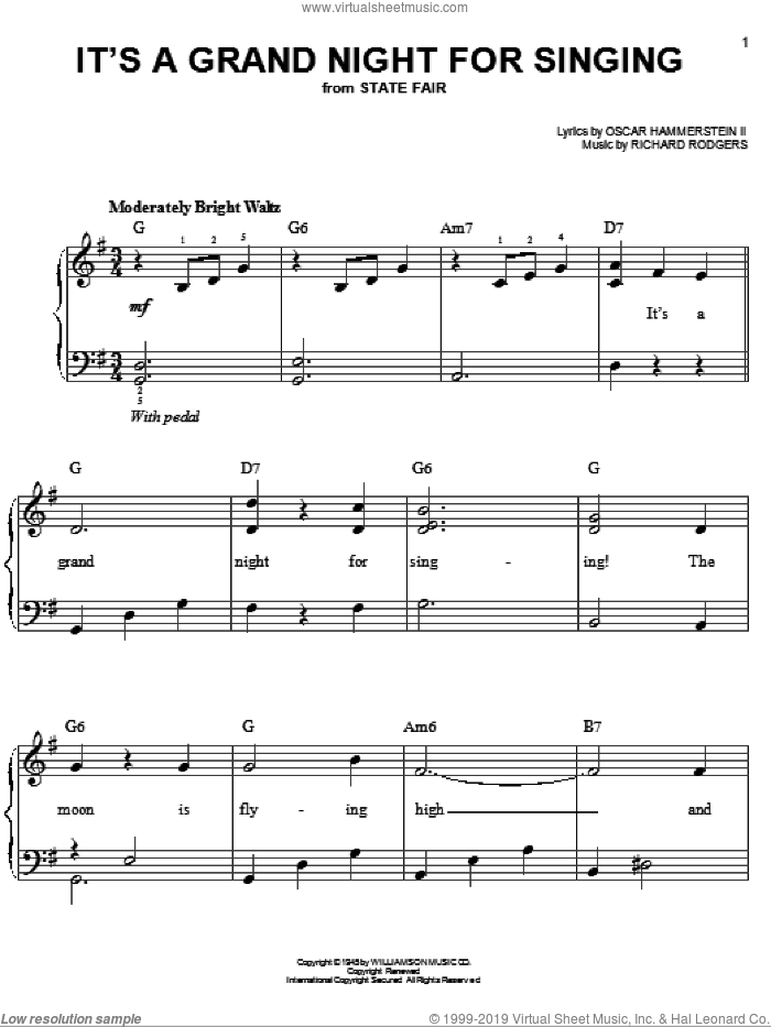 It's A Grand Night For Singing sheet music for piano solo by Rodgers & Hammerstein, State Fair (Musical), Oscar II Hammerstein and Richard Rodgers, easy skill level