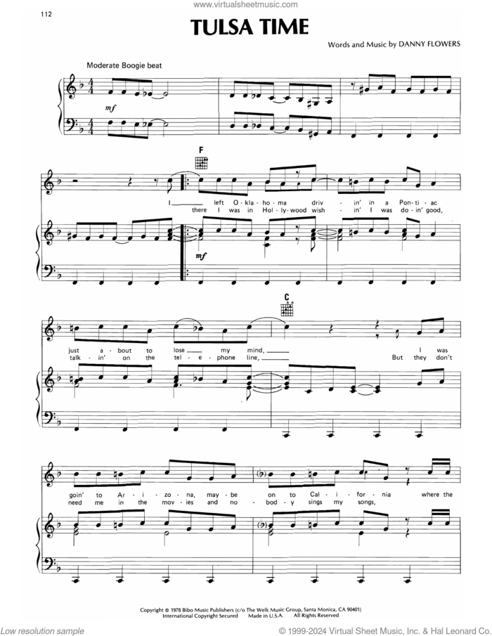 Tulsa Time sheet music for voice, piano or guitar by Don Williams and Danny Flowers, intermediate skill level