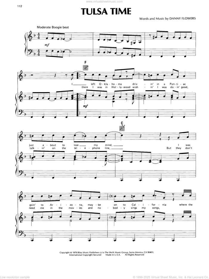 Tulsa Time sheet music for voice, piano or guitar by Don Williams and Danny Flowers, intermediate skill level