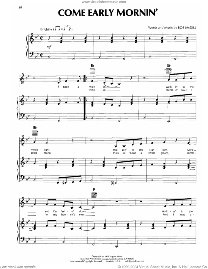 Come Early Mornin' sheet music for voice, piano or guitar by Don Williams and Bob McDill, intermediate skill level
