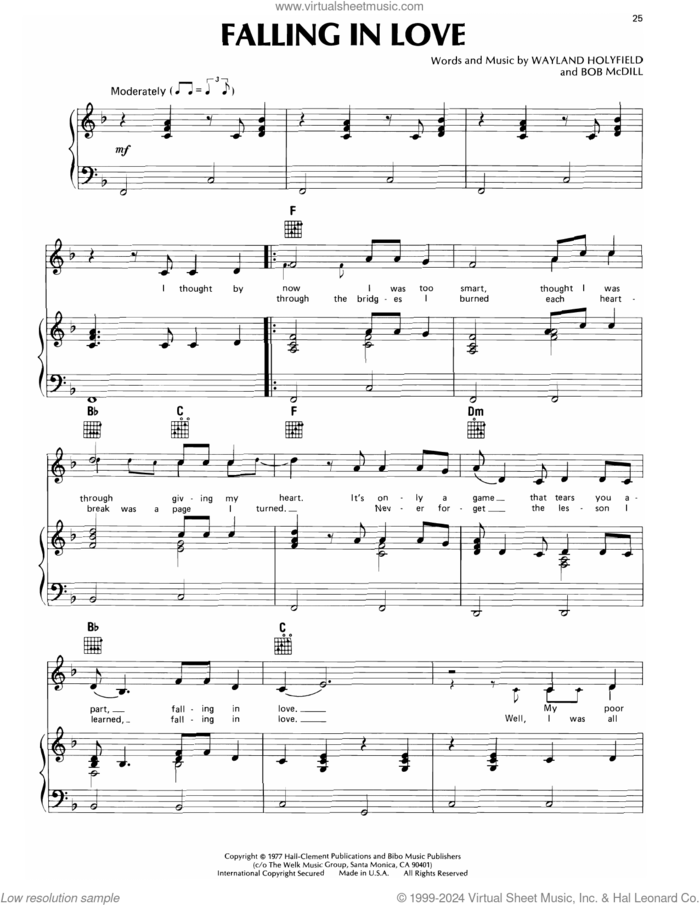 Falling In Love sheet music for voice, piano or guitar by Don Williams, Bob McDill and Wayland Holyfield, intermediate skill level