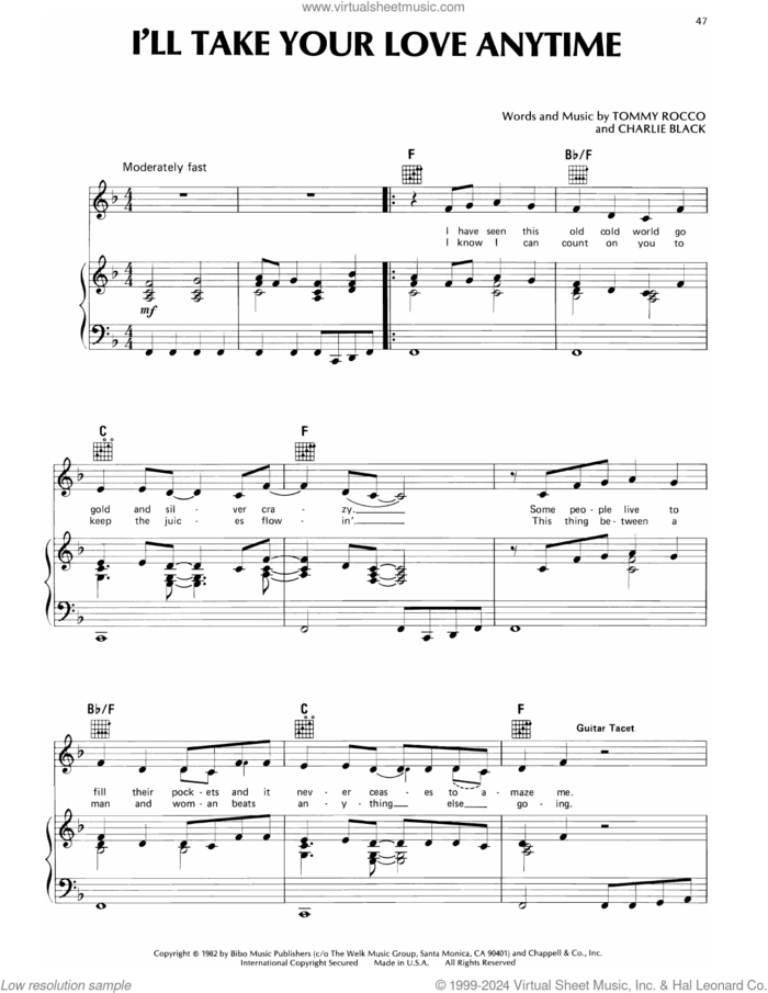I'll Take Your Love Anytime sheet music for voice, piano or guitar by Don Williams, Charlie Black and Tommy Rocco, intermediate skill level
