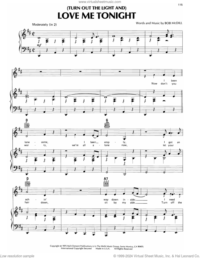 (Turn Out The Light And) Love Me Tonight sheet music for voice, piano or guitar by Don Williams and Bob McDill, intermediate skill level