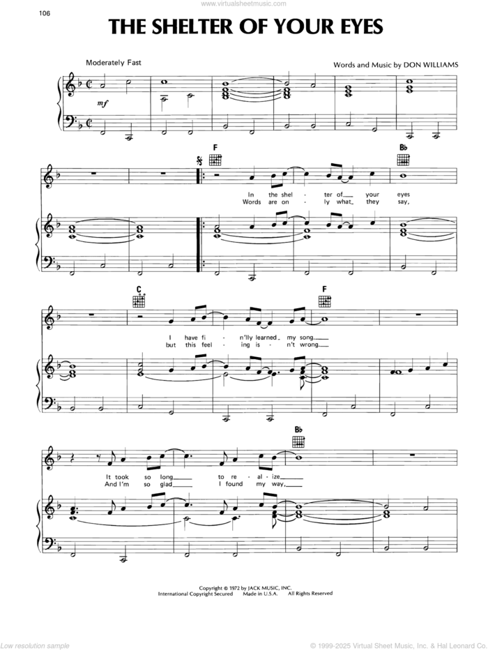 Shelter Of Your Eyes sheet music for voice, piano or guitar by Don Williams, intermediate skill level