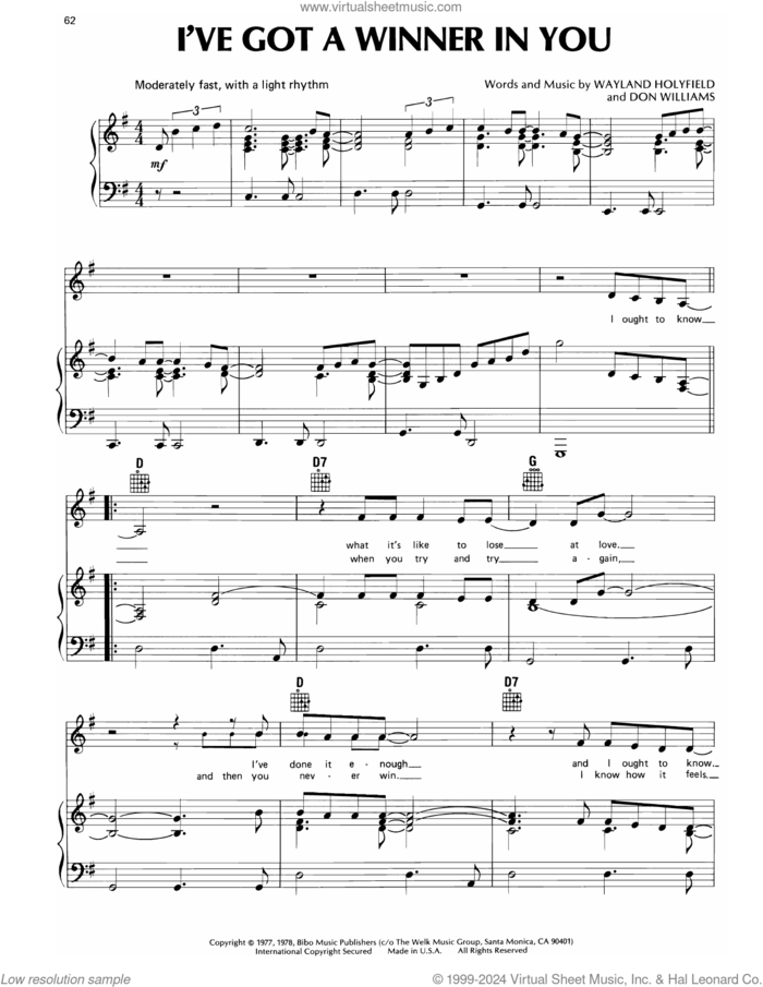 I've Got A Winner In You sheet music for voice, piano or guitar by Don Williams and Wayland Holyfield, intermediate skill level