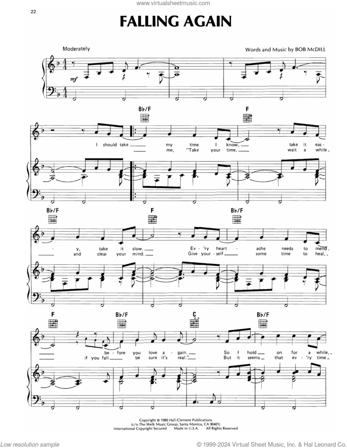 Falling Again sheet music for voice, piano or guitar by Don Williams and Bob McDill, intermediate skill level