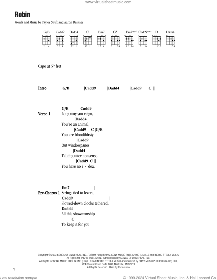 Robin sheet music for guitar (chords) by Taylor Swift and Aaron Dessner, intermediate skill level