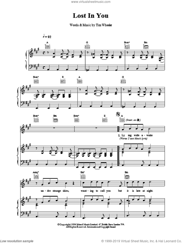 Lost in You sheet music for voice, piano or guitar by TIM WHEELER, intermediate skill level