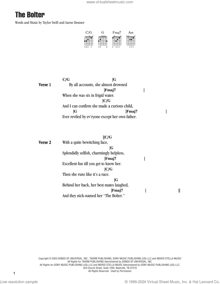 The Bolter sheet music for guitar (chords) by Taylor Swift and Aaron Dessner, intermediate skill level