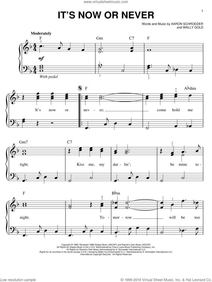 It's Now Or Never sheet music for piano solo by Elvis Presley, Aaron Schroeder and Wally Gold, easy skill level