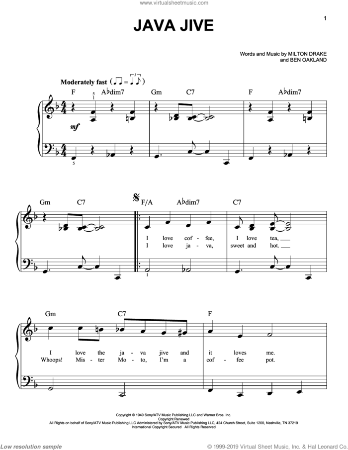 Java Jive sheet music for piano solo by The Ink Spots, Ben Oakland and Milton Drake, easy skill level