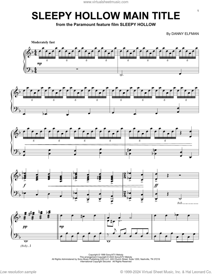 Sleepy Hollow Main Title sheet music for piano solo by Danny Elfman, intermediate skill level
