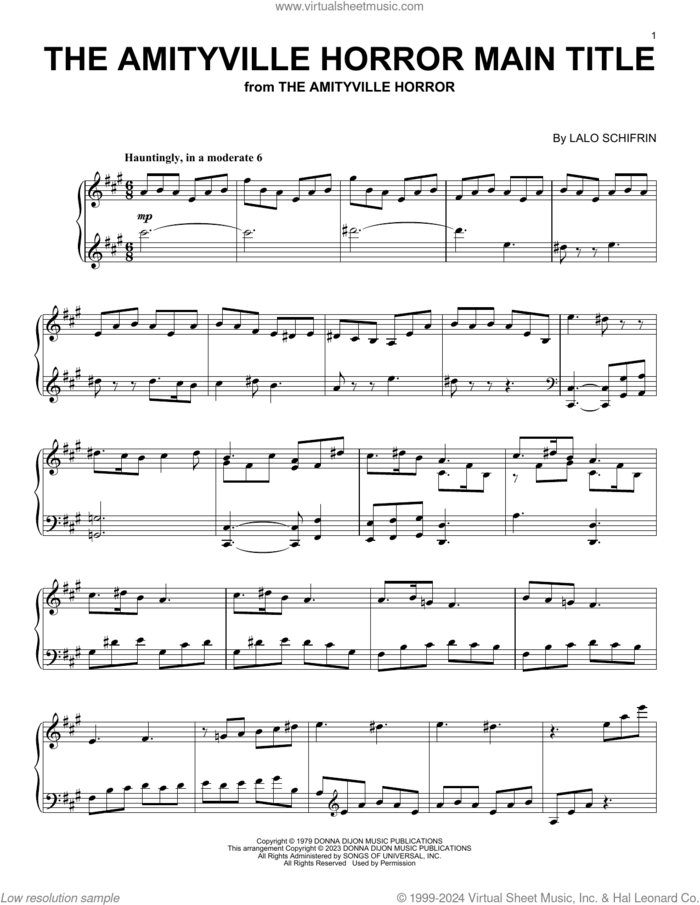 The Amityville Horror Main Title sheet music for piano solo by Lalo Schifrin, intermediate skill level