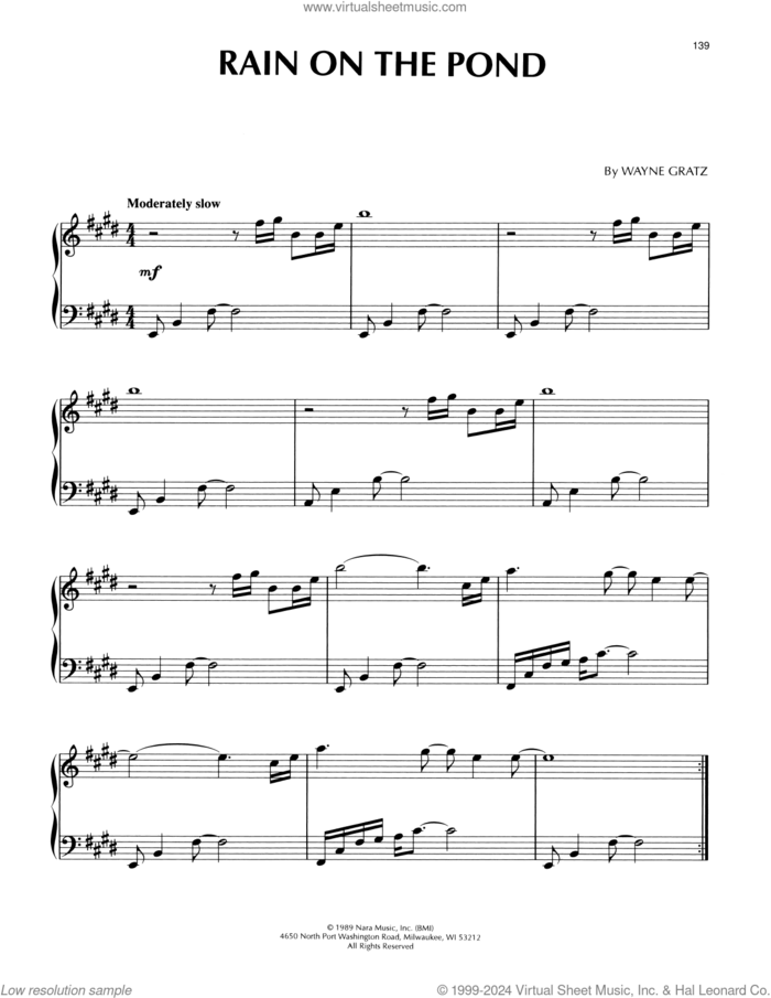 Rain On The Pond sheet music for piano solo by Wayne Gratz, intermediate skill level