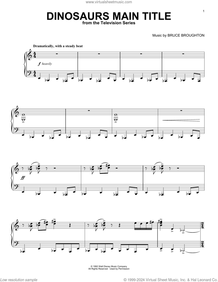 Dinosaurs Main Title sheet music for piano solo by Bruce Broughton, intermediate skill level