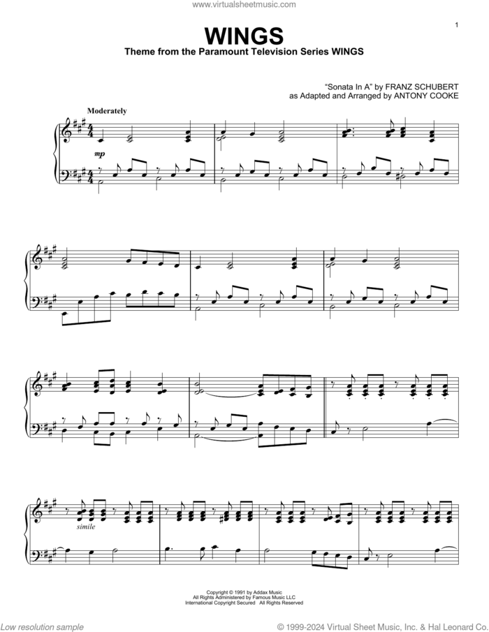 Wings sheet music for piano solo by Antony Cooke, intermediate skill level