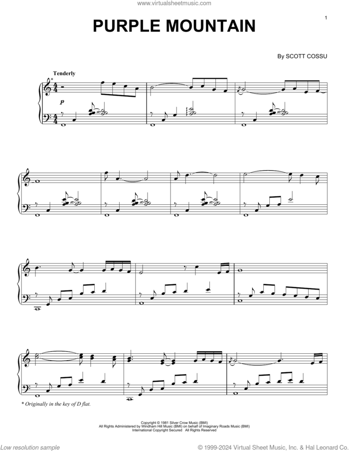 Purple Mountain sheet music for piano solo by Scott Cossu, intermediate skill level