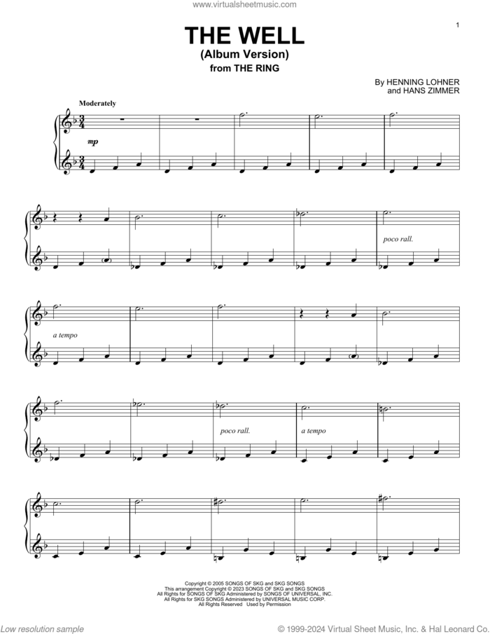 The Well (Album Version) (from The Ring) sheet music for piano solo by Hans Zimmer and Henning Lohner, intermediate skill level
