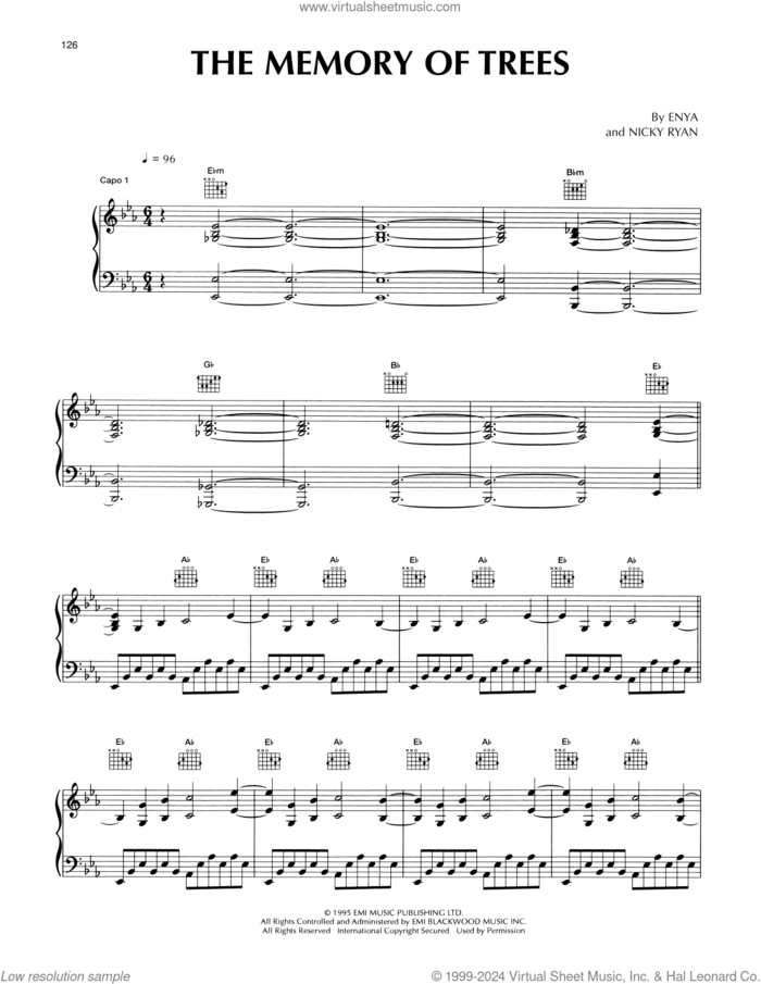 The Memory Of Trees sheet music for piano solo by Enya and Nicky Ryan, intermediate skill level
