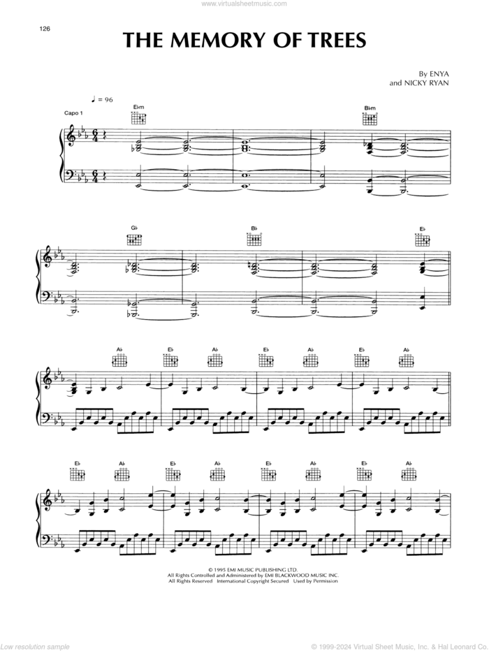 The Memory Of Trees sheet music for piano solo by Enya and Nicky Ryan, intermediate skill level