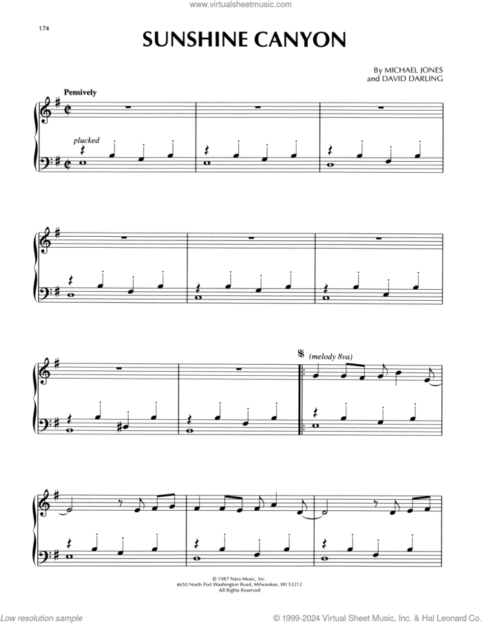 Sunshine Canyon sheet music for piano solo by Michael Jones and David Darling, David Darling and Michael Jones, intermediate skill level