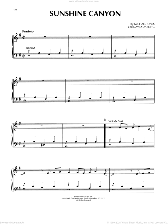 Sunshine Canyon sheet music for piano solo by Michael Jones and David Darling, David Darling and Michael Jones, intermediate skill level