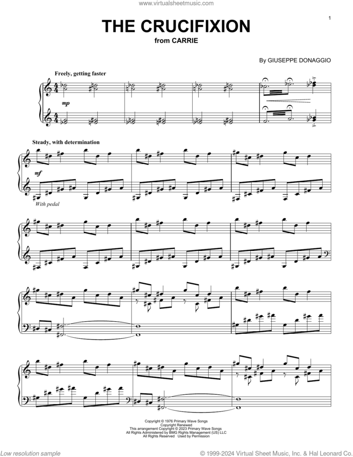 The Crucifixion (from Carrie) sheet music for piano solo by Pino Donaggio and Giuseppe Donaggio, intermediate skill level
