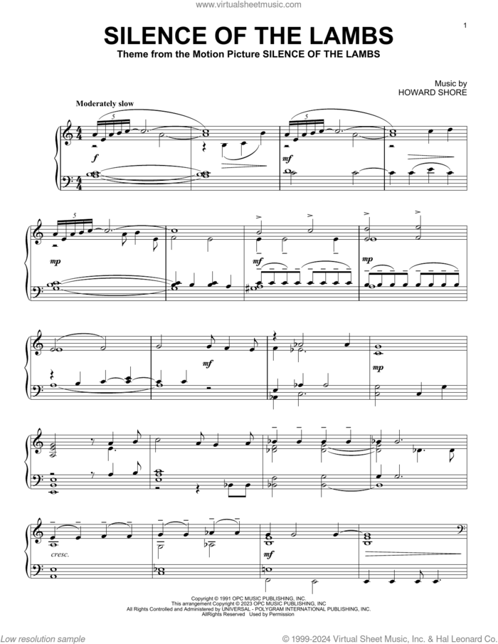 Silence Of The Lambs sheet music for piano solo by Howard Shore, intermediate skill level