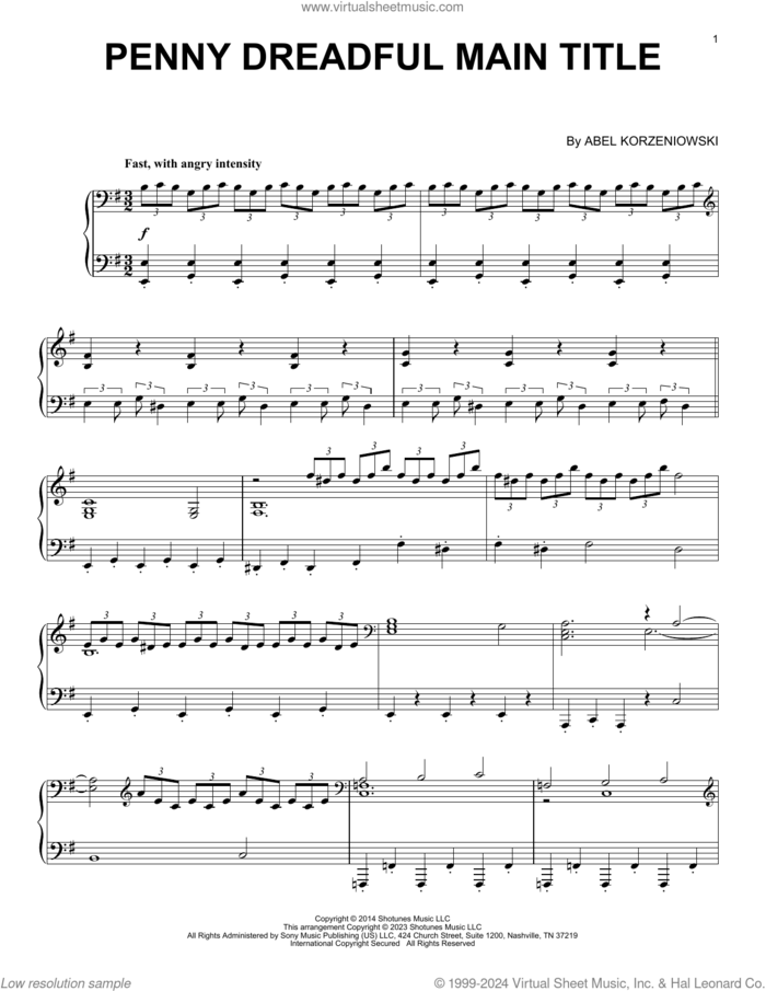 Penny Dreadful Main Title sheet music for piano solo by Abel Korzeniowski, intermediate skill level